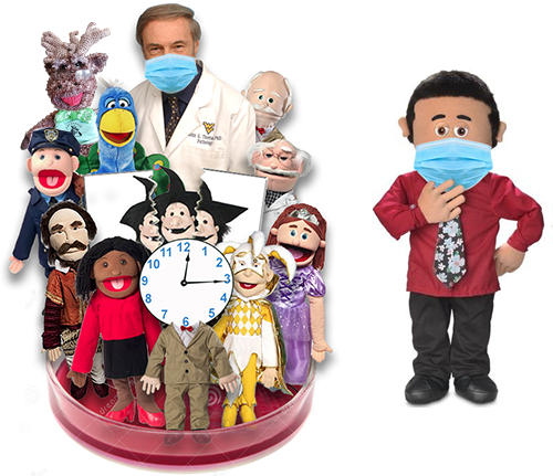 a petry dish showing head shot of professor thomas, and eleven of his puppets. Judge Oliver is standing off to the right side.