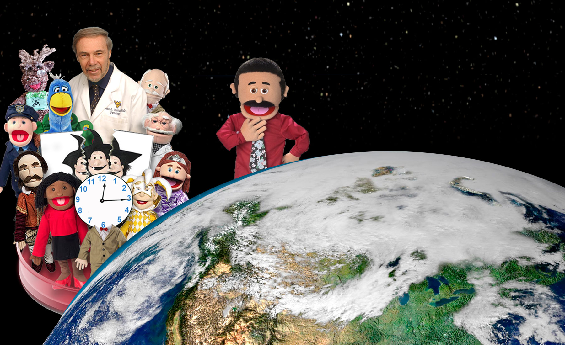 Dr Thomas with the culture plate gang and judge oliver puppets above the earth